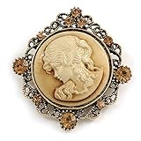 Uso: ropa, bolsa, solapa Avalaya Broche de camafeo redondo de cristal de topacio inspirado en la vendimia en metal dorado envejecido – 50 mm de alto