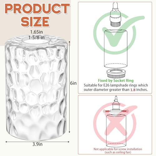 Image of Teenyyou 8 Pcs Clear Hammered Glass Shade Replacements for Pendant Light Fixtures Glass Lamp Shade Cover, 1-5 /8 Inch Fitter Base, 4 inchw x 6 inchh, Replacement Lamp Globe for Chandelier Wall Sconce