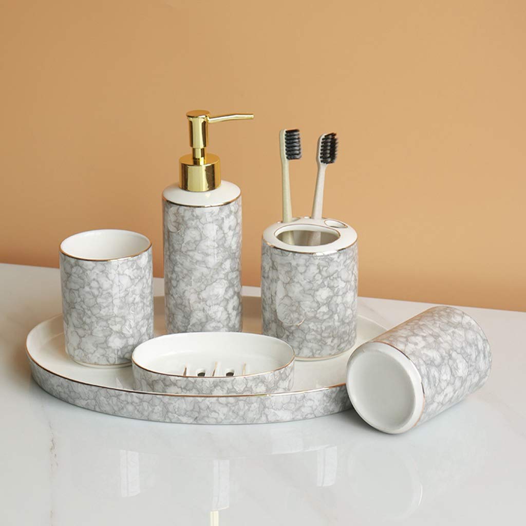 Dispensador de Jabón Líquido Creative Home - Juego de Accesorios de baño de 6 Piezas, Que Incluye jabón, dispensador de jabón, Porta Cepillo de Dientes, jabonera, Taza y Bandeja práctica de cerámica,