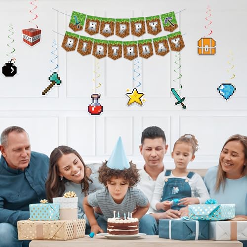 Image of Pixel Style Happy Birthday Party Banner Decorations, Mining Adventure Theme Party Banner, Cartoon Birthday Party Decorations Supplies