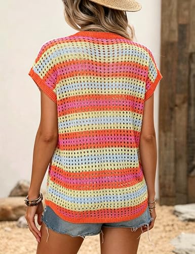 Image of Crochet Tops for Women Spring Summer Shirts Cute Mesh Top Cap Sleeve Cover Up Pullover Sweater Beach Vacation Clothes