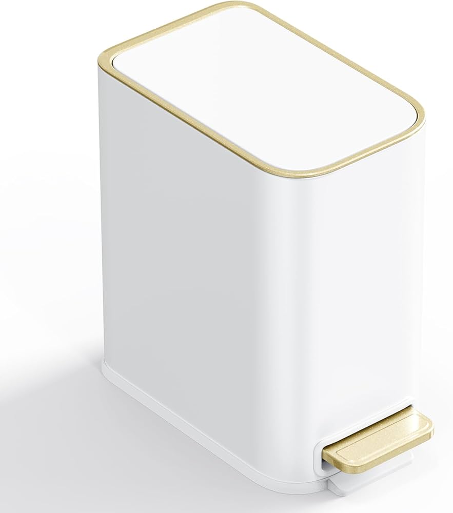 Small Bathroom Trash Can with Lid Soft Close, 5L / 1.3 Gallon Slim Garbage Can with Removable Inner Bucket, Step Stainless Steel Trash Bin for Office, Bathrooms, Bedroom, Living Room (White)