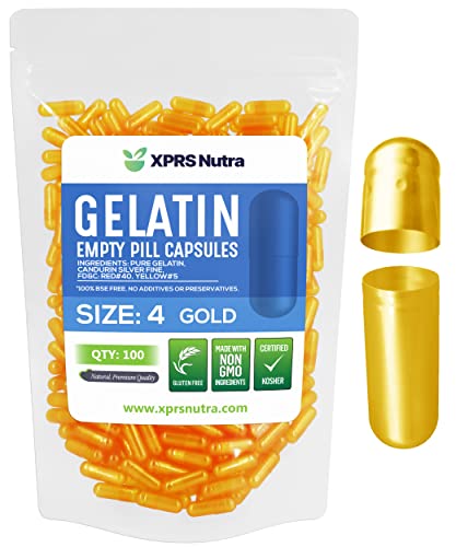 Image of XPRS Nutra Size 4 Empty Capsules - 100 Count Small Empty Gelatin Capsules - Pills DIY Capsule Filling - Fillable Pure Bovine Pill Gel Caps for Do-It-Yourself Supplements (Gold)