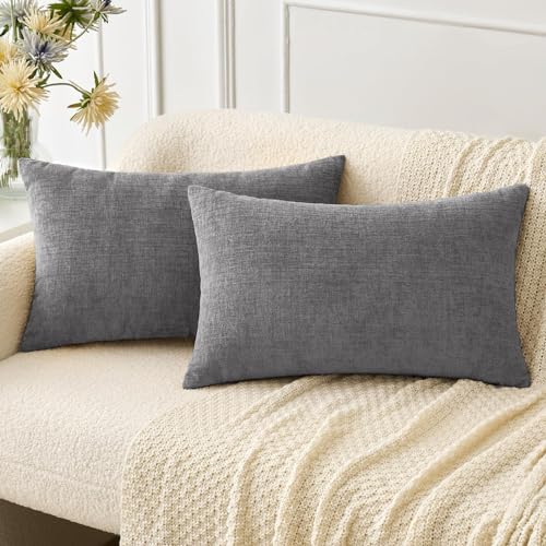 Image of MIULEE Pack of 2 Couch Throw Pillow Covers 12x20 Inch Soft Dark Gray Chenille Lumbar Pillow Covers for Sofa Living Room Solid Dyed Cases