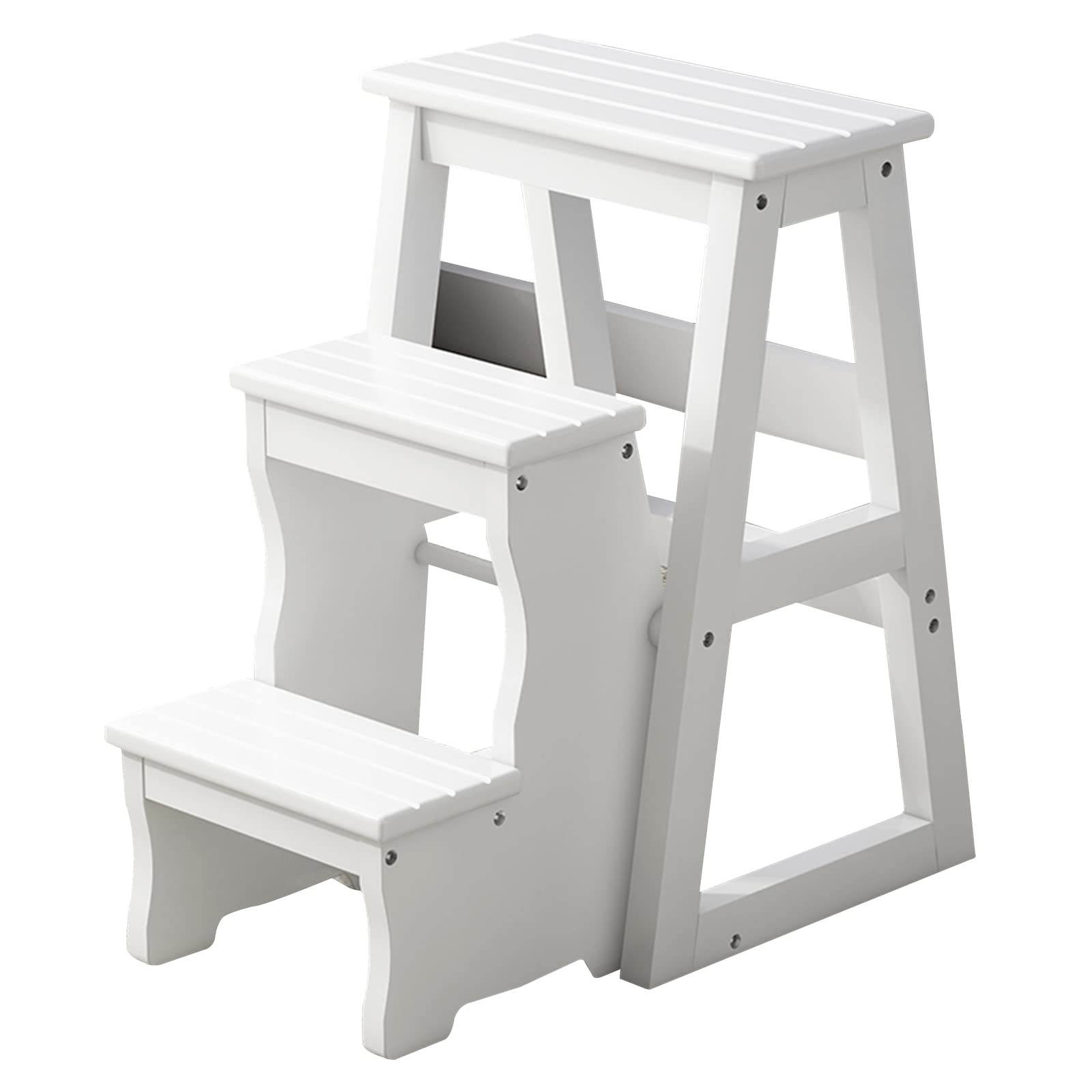 Chaise échelle pliante à 3 marches – Marchepied portable en bois massif et présentoir pour adultes – Idéal pour la maison, le bureau, la cuisine, l'extérieur (64 cm, blanc)