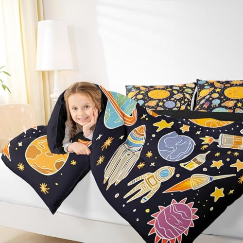 Image of Feelyou Outer Space Comforter Set Queen, Solar System Bedding Set for Kids Planet Solar System Comforter Boys Girls Educational Duvet Set with 2 Pillow Case