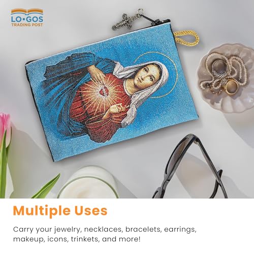 Image of Catholic Rosary Pouch, 4 inch x 6 inch Jewelry & Coin Purse with Cross, Small Woven Tapestry Icon Bag, Bolsa de Rosario Catolico para Joyeria, Virgin Mary Immaculate Heart & Miraculous Medal Symbol, 4 inch x 6 inch