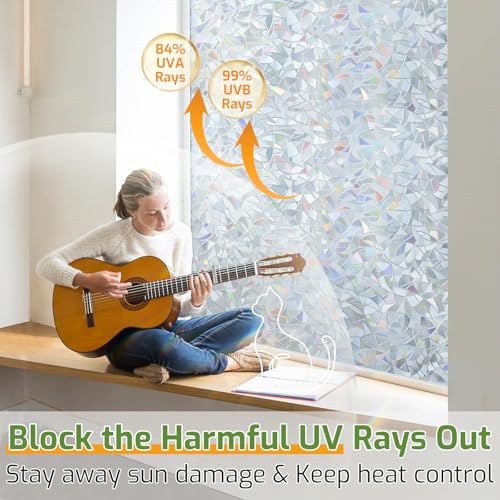 Image of LUTE Rainbow Window Privacy Film, Stained Cling, Silver, 17.5 inch x 118.1 inch | 3D Decorative Non-Adhesive Vinyl, Static Cling Removable Glass Stickers, Sun UV Blocking Decal Covering for Home Office