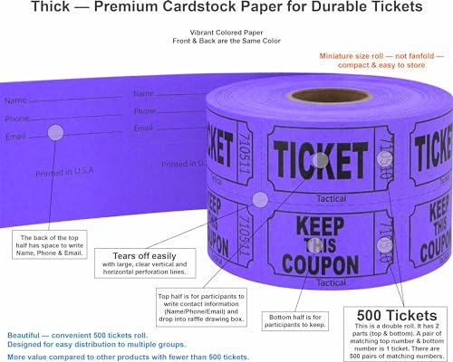 image for Tacticai 500 Raffle Tickets, Purple (1 of 8 Colors), Double Roll, Tick