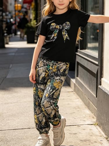Image of Girls 6 Piece Outfits Casual Cargo Jogger Pants and Basic Love Graphic Print Short Sleeve Top Set 4-12 Years