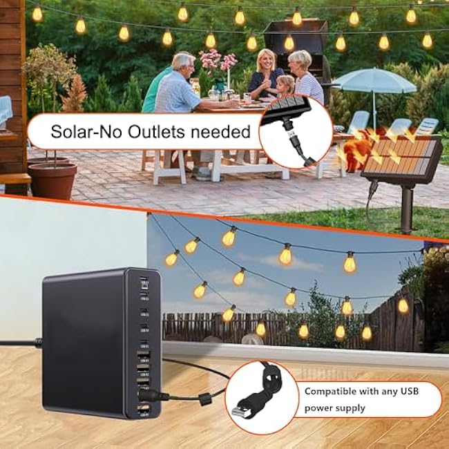60FT Solar String Lights Outdoor Waterproof with Remote Control Solar Patio Lights 15+2 shatterproof LED Bulbs for Porch Garden Market Bistro Patio Backyard Fence