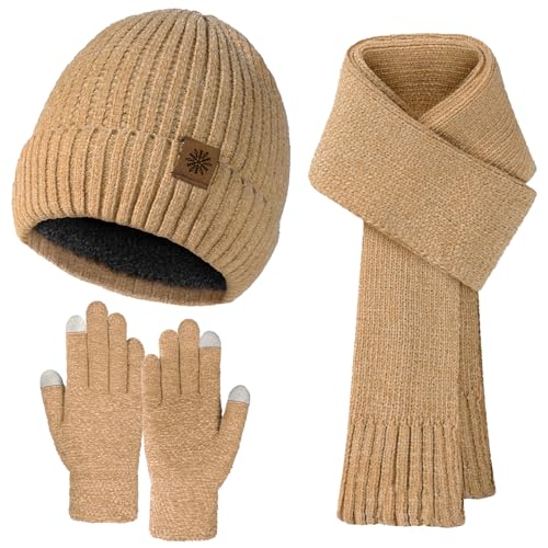 Winter Hat Gloves Scarf Set for Women Men Warm Lining Beanie Hats Touchscreen Gloves Thick Soft Scarf Khaki