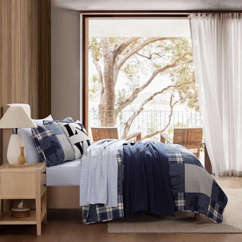 Image of Eddie Bauer - Twin Quilt Set, Naturally Soft Cotton Bedding w /a Lightweight Feel for All-Year Comfort, Reversible w /Matching Pillowcase, 2 Piece Bed Set (Moose Plaid /Pinstripe /Patchwork Blue)