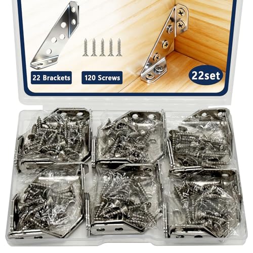 22-Pack Stainless Steel L Bracket with 120 Pieces Self-Tapping Screws Universal Triangular Support Corner Bracket for Wood Furniture L Brackets for Shelves Drawers Cabinets Tables and Chairs