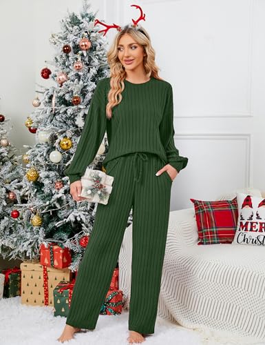 Image of Blooming Jelly Women Ribbed Long Sleeve Pajama Sets Fall Loungewear Pockets | 2 Piece Lounge Pj Matching Set Cute Casual Outfit Fleece Drawstring Crew Neck Wide Leg Flannel Soft Sleepwear