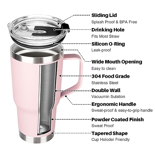 Image of 20 oz Tumbler with Handle, Stainless Steel Insulated Tumblers with Lid and Straw, Double Wall Vacuum Insulated Tumbler, Leak-proof, Insulated Travel Mug Coffee Cup for Cold and Hot (Pink)