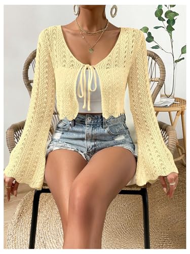 Image of SHENHE Women's Tie Front Cardigan Trumpet Sleeve Pointelle Knit Crop Tops