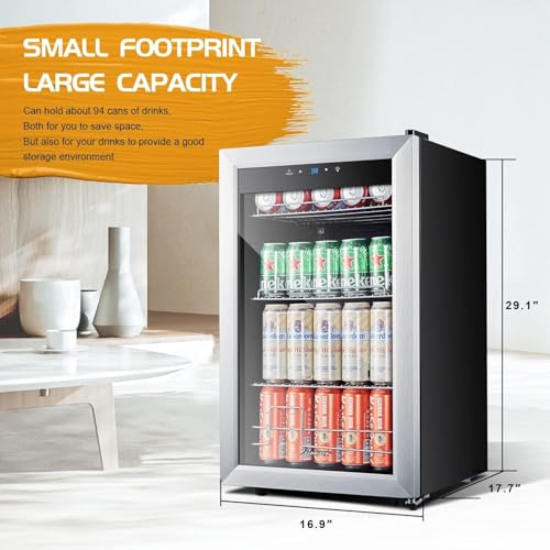 Image of Mini Beverage Refrigerator Freestanding, 2.5 Cu.ft Mini Fridge w / 101 Can Capacity, Small Drink Fridge for Home & Office, Glass Door