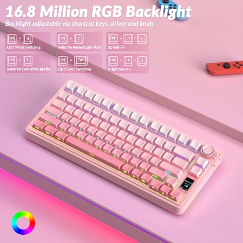 Image of AULA S75 PRO Wireless Mechanical Keyboard with Screen&Knob, Tri-Mode Hot Swappable Gaming Keyboard 75%, Pre-lubed Switches, RGB Backlit, Side Printed PBT Keycaps, Creamy Sounding Pink Keyboards