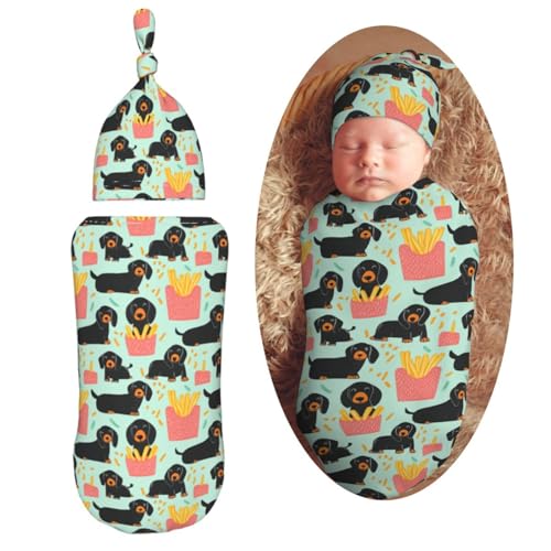 Image of Adorable Dachshunds Newborn Swaddle Blankets Hat Sets Soft Baby Receiving Blanket Swaddle Sack for Baby Shower Infant Boy Girl Gift
