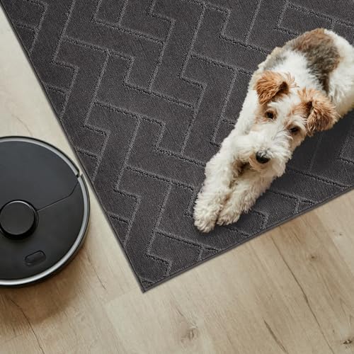 PURRUGS Easy Care Area Rug 4ft x 6ft, Non-Slip Machine Washable Entry Rug, Dog Door Mat, Stain Resistant Accent Rug for Hallway, Bedroom, Living Room and Mudroom, Charcoal