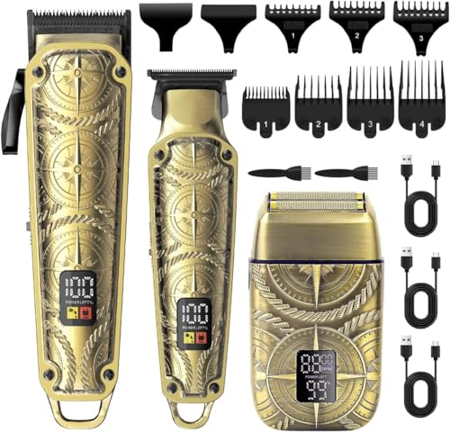 Hatteker Tondeuses à Cheveux Professionnelles pour Hommes, Kit de Toilette 3 en 1 Tondeuse à Cheveux, Tondeuse à Barbe et Rasoir Électrique Sans Fil, avec Écran LCD