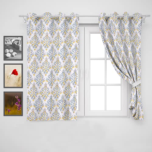 Image of HOMEMONDE Window Light-filtering Curtain Cotton Ikkat Printed 5 Feet- Decorative Grommet Curtains For Bedroom, Yellow Ikkat, Pack Of 2