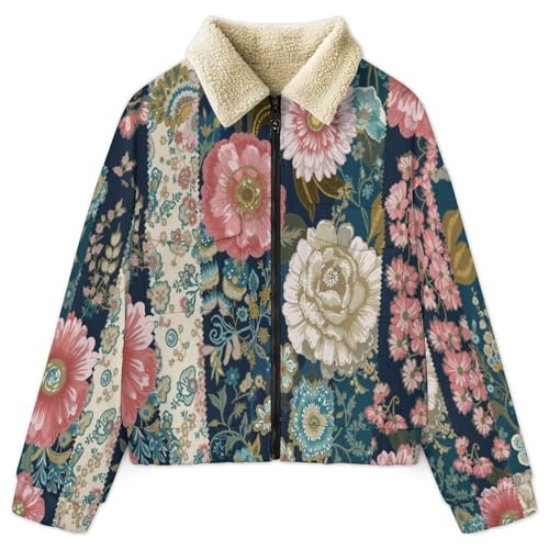 Veste polaire femme patchwork rayé bleu-vert chaud sherpa