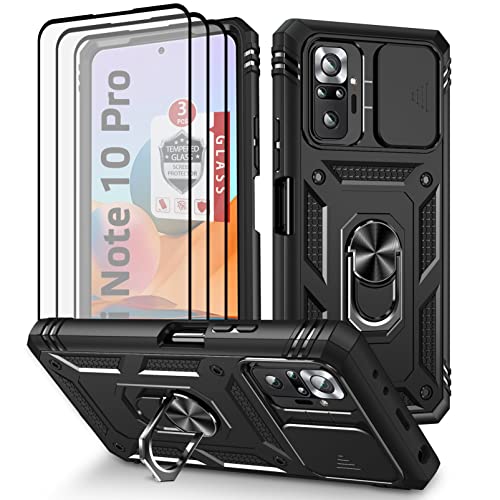 Xiaomi Redmi Note 10 Pro Case Redmi Note 10 Pro MAX Case with 3 Pcs Tempered Glass Screen Protector Built in Ring Stand Kickstand + Camera Cover Hard PC Soft TPU Defender Full Body Armor Case -Black