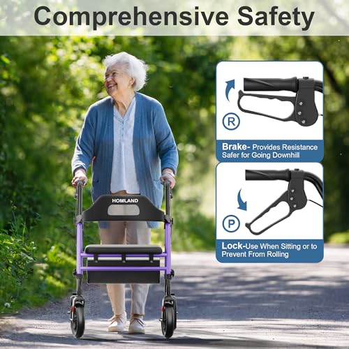 Image of HOMLAND Foldable Rollator Walker with Seat for Seniors, 16 inch Enlarged Seat