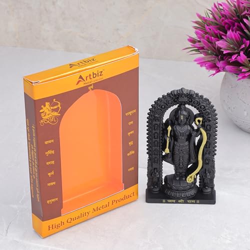 Image of Artbiz Metal Collection Ram Lalla Murti | 6 Inch Black & Gold Lord Ram Idol for Home Temple | Ayodhya Shri Ram Statue | Metal Murti for Mandir, Office & Home Decor | Spiritual Gift Item