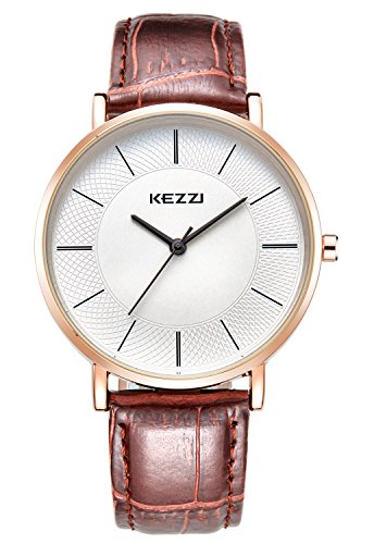 Kezzi Men's Minimalist Quartz Watch with Ultra-Thin Rose Gold and Calf Brown Leather k738