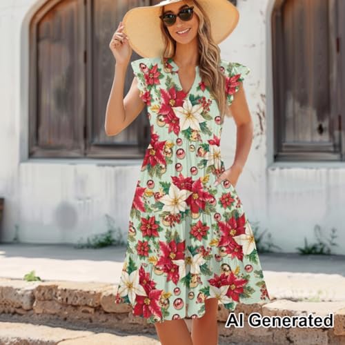Image of Women's Casual Ruffle Sleeve Dress V Neck Pullover Dress Flowy A-Line Pleated Lightweight Dress with Pockets