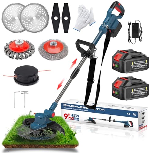 Akku Rasentrimmer, 21V Rasentrimmer mit Akku und Unkrautbürste, Bürstenloser Freischneider mit 2 Akku 4.0Ah, Elektro Motorsense 90°Schwenkbarem Kopf, für Garden Trimmen (Blue)