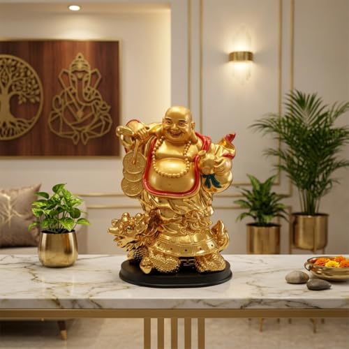 Image of Feng Shui Gold Laughing Buddha Statue on Dragon Turtle for Wealth & Prosperity - 22cm Large Hotei Buddha Figurine with Wu Lou & Money Coins - Home Decor, Office Vastu, Good Luck Gifting