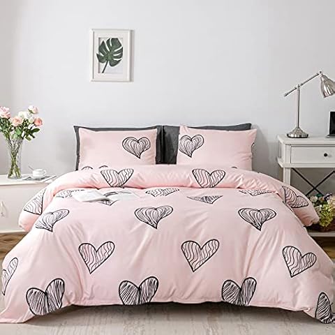 GETIYA Light Pink Bed Linen 135 x 200 cm Hearts Pattern Bed Linen Girls Women Duvet Cover Heart Microfibre Bed Linen with Pillowcase 40 x 80 cm Children's Bed Linen Single Bed with Zip Cover