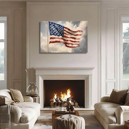 Image of Vintage American Flag Framed Canvas Wall Art 24x36in, Patriotic Oil Painting Canvas Print, 4th of July Independence Day Wall Decor for Living Room, Bedroom, Office, Made in USA