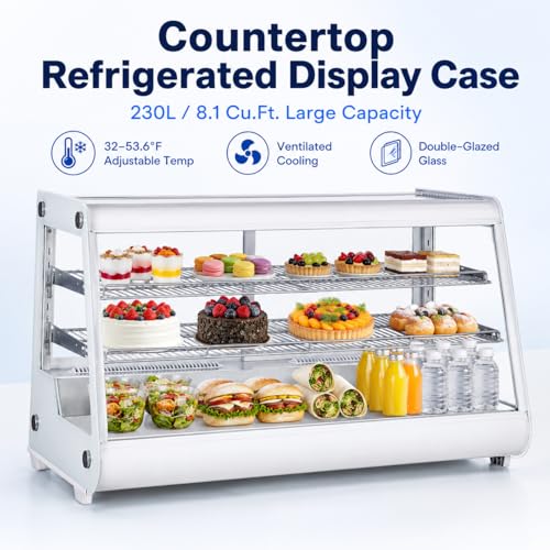 Image of 8.1 Cu.Ft Commercial Glass Door Refrigerator | Countertop Display Fridge with LED Lighting for Bakeries, Cafes, Convenience Stores | Energy Efficient, Adjustable Shelves, Auto-Closing Door