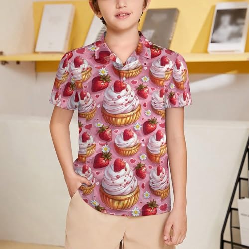 Boys' Classic Polo Shirts Short Sleeve Moisture-Wicking Golf & Tennis Shirts for Youth Teens Strawberry Cake Cute2