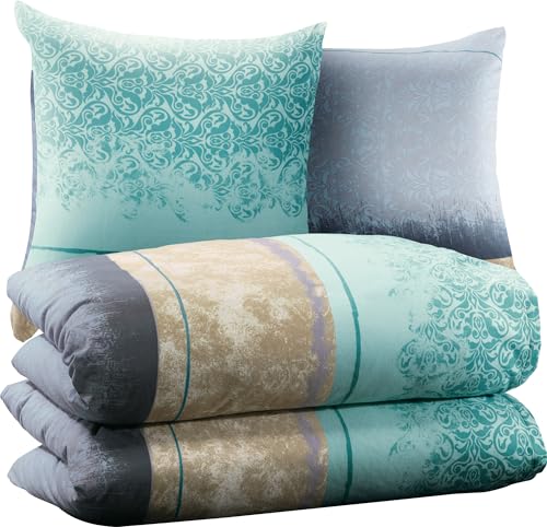 Erwin Müller Flanell-Bettwäsche4-tlg. Sparpaket, gemusterte Streifen Mint-Silber Größe 80x80 cm / 135x200 cm - samtweich, temperaturausgleichend,...