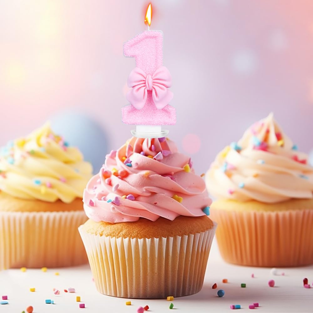 Candele Primo Compleanno Rosa Con Fiocco - Set Da 6: Numero 1 Glitter + 5 Fiocchi Rosa - Per Torta Principessa - 4
