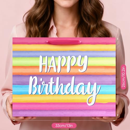 Image of JMANNI Colorful Large Happy Birthday Gift Bag with Tissue Papers and Greeting Card, Portable Paper Gift Bags with Handles, Present Bags for Women Girls Birthday Party Supplies 13 inch x 10.2 inch x 4.7 inch