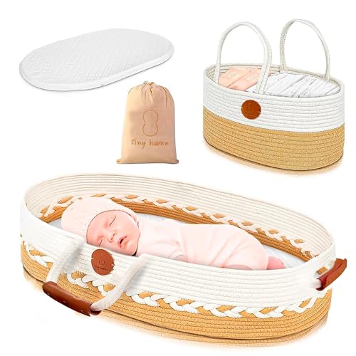 Tiny Haven Moses Basket for Newborn Portable Baby Bassinet with Handles for Carrying Cotton-Blend Rope Beige and White & Baby Changing Diaper Caddy Organizer Nursery & Travel Essentials