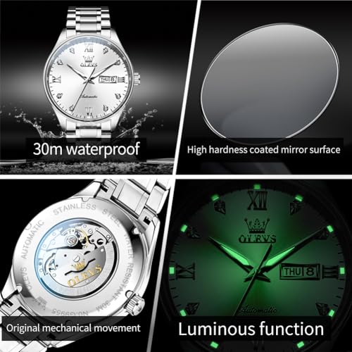 Image of OLEVS Automatic Watches for Men Self Winding Mechanical Classic Diamond Business Luxury Dress Stainless Steel Waterproof Calendar Mens Watch
