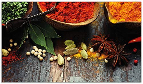 Herdabdeckplatte/Spritzschutz aus Glas, 1-teilig, 90x52cm, für Ceran- und Induktionsherde, Gewürze auf Holz - uriger Holztisch in der Küche