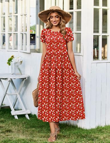 Image of Zeagoo Summer Dresses for Women 2026 Maxi Bohemian Floral Short Sleeve Long Dress Casual Flowy Tired Beach Sundress