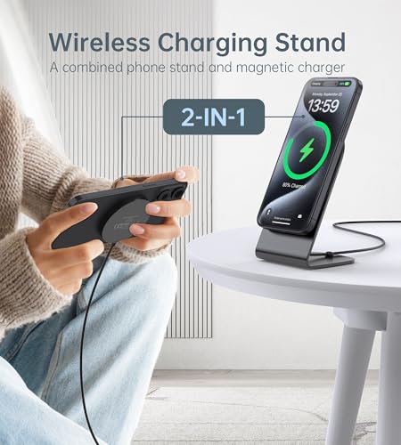 Image of Magnetic Wireless Charger for iPhone 17-12 Series + Aluminum Charger Stand | Mag Charger+20W USB C Adapter, Fast Wireless Charging Stand /Pad with 5ft USB-C Cable for iPhone 17 /16 /15 /14 /13 /12, Airpod Pro