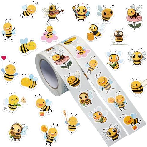 1000Pcs Bee Stickers Roll 2 Rolls 20 Styles Self-Adhesive Stickers for Kids - Waterproof for Classroom Rewards Birthday Party Favors Scrapbooking & Water Bottle Decals (Bumble Bee Theme)