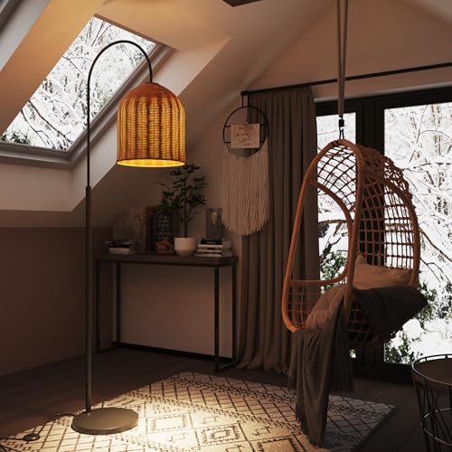Image of Rattan Floor Lamp, 66in. Boho Floor Lamp with Natural Brown Rattan Shade, Rustic Arc Standing Lamp for Coastal, Beach or Bohemian Style Decor (Coastal-Black)