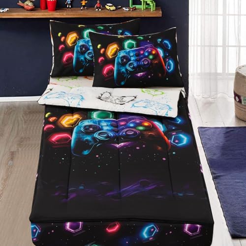 A Nice Night Kids Game Console Zippered Comforter Set - Zipper Bedding for Boys Outer Space Gaming Galaxy Theme, Twin